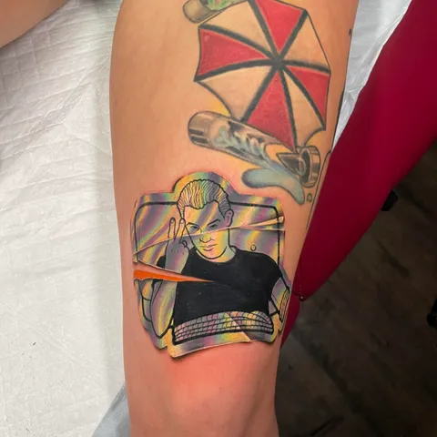 Holographic Sticker Tattoo done by Flipshades @ Long Live Tattoo Collective in Denver, Colorado