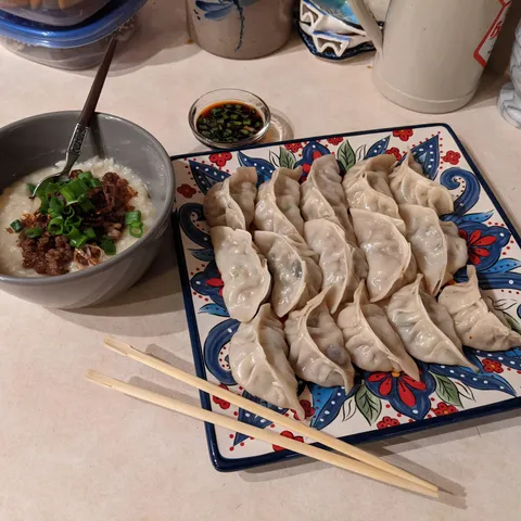 First time making dumplings and congee with my boyfriend! Everything turned out great!