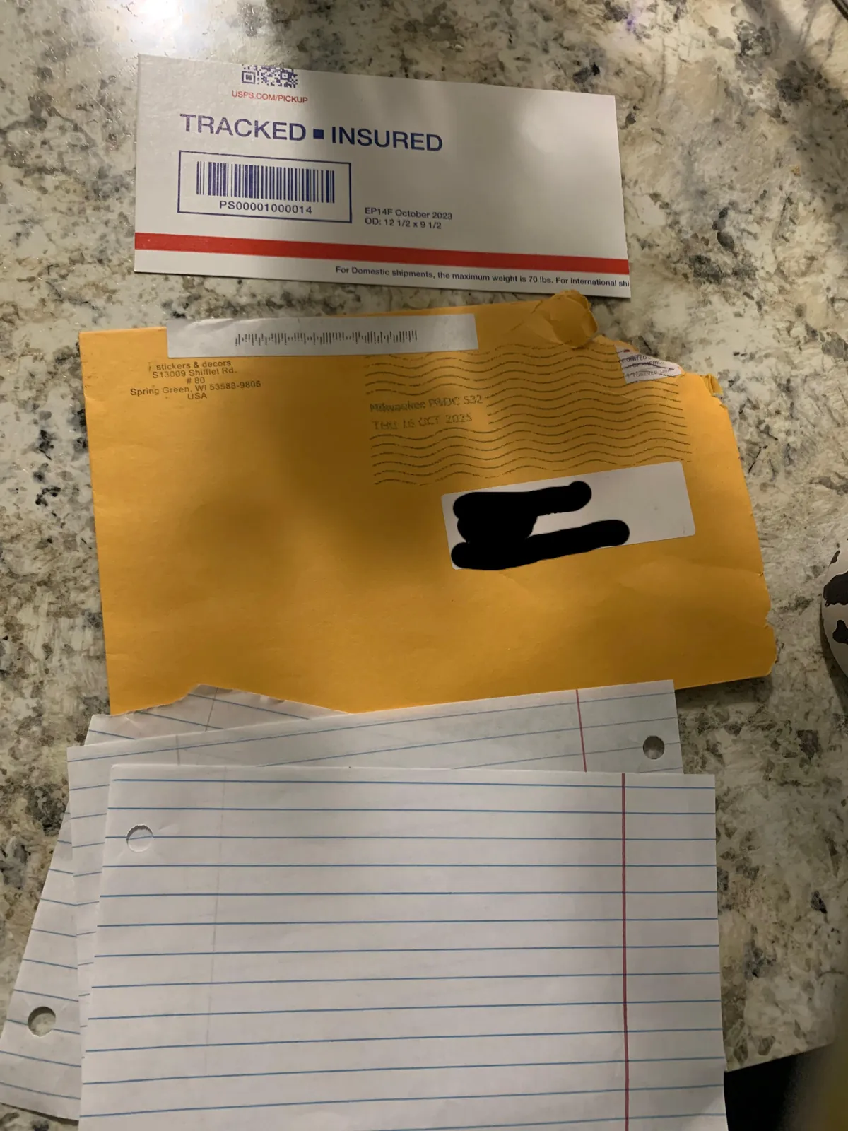 This yellow envelope my bf got in the mail today . It was filled with blank pieces of paper .