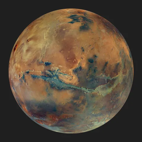 Mars as never seen before. The mosaic reveals the planet’s surface colour and composition in spectacular detail.