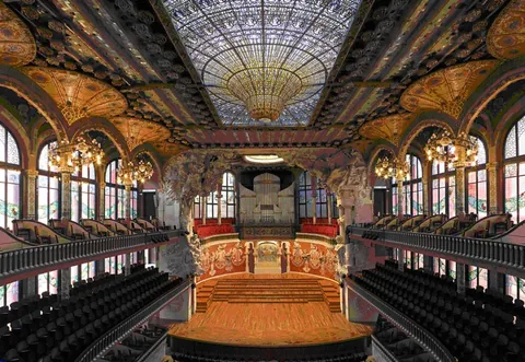 Great stained glass ceiling of the Palau de la Música Catalana, in Barcelona, Catalonia