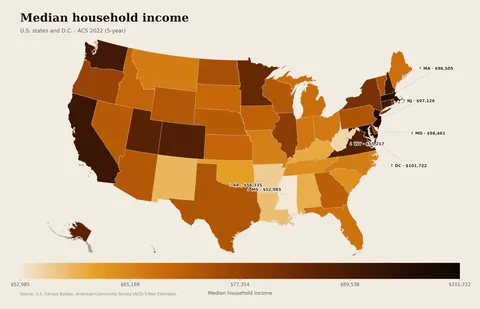 [OC] Rent as a share of income by U.S. state, with income and migration patterns