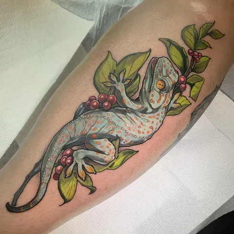 Tokay Gecko Shin Banger by Graham.S.White at Garden Tattoo, Kelowna Canada