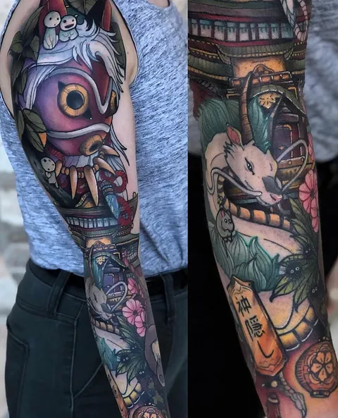 Studio Ghibli Sleeve by Corin Gilbert from Crooked Crows Tattoo in San Antonio, Tx
