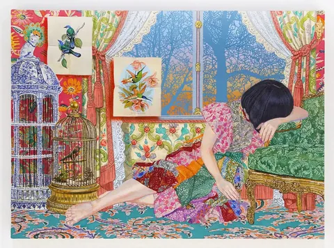 Birdcage 2, Naomi Okubu, Acrylic on canvas and panel, 2001