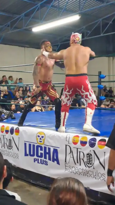 Wrestler Charro being helped by a fan to avoid being eliminated by touching the floor during a royal rumble match. The smile says it all.