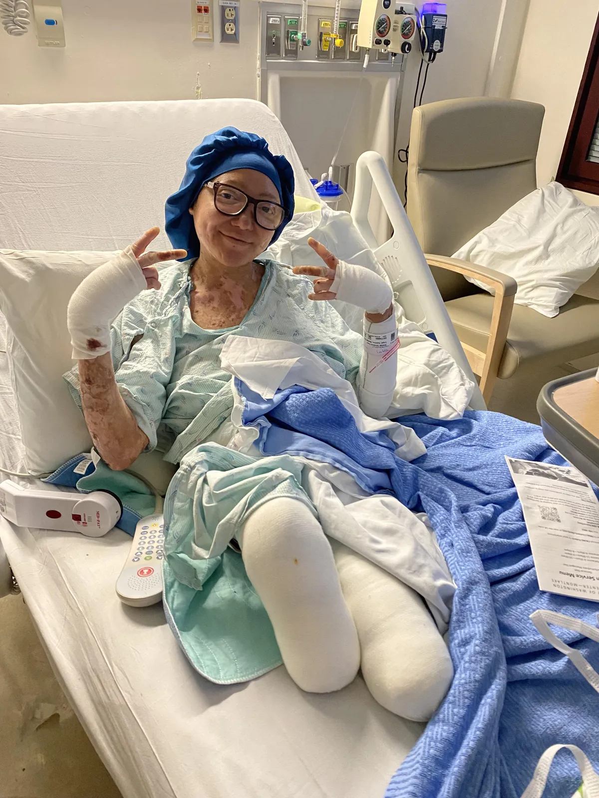 My close friend sent me this pic from the hospital and gave me permission to post it. It made me smile because despite a life-long severe and painful disorder, a double amputation, and currently fighting a battle with cancer, she never drops her great sense of humor and positive attitude.