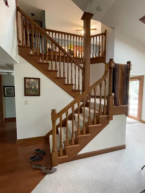 Reduce visual weight (lotsa wood)