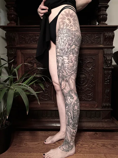 Full leg tattoo made by me (Ivan Zagusta) at Zaraza tattoo shop in Warsaw, Poland