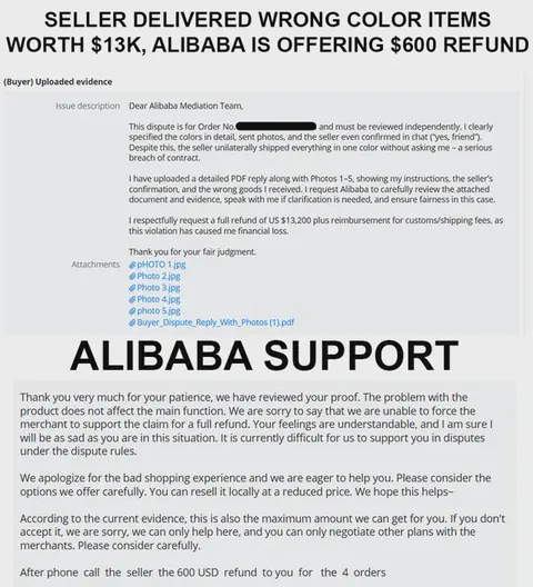 Seller delivered wrong color items worth $13,200. Alibaba is offering $600 refund. FML.