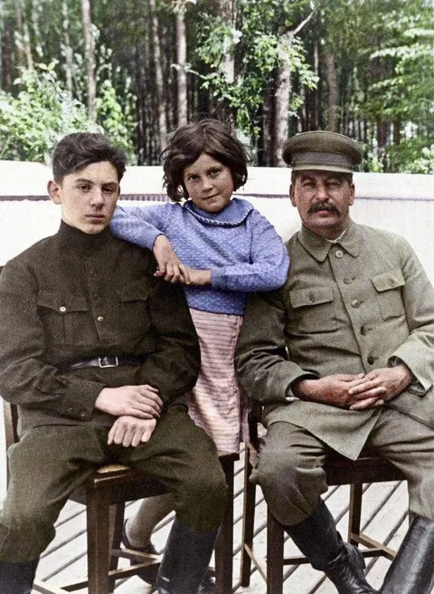 Joseph Stalin with his son Vasily and daughter Svetlana, 1935