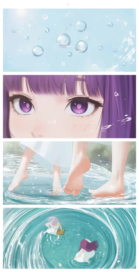 Trying something new, I drew a multi-panel Frieren fanart (there's a fifth panel on the next slide!)