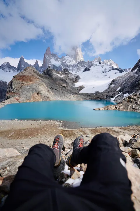Sitting on the edge of Patagonia’s Laguna de Los Tres in El Chaltén, Argentina. One of (if not the most) beautiful hikes I’ve ever done.