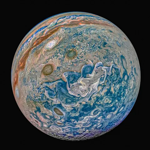 Jupiter's South Pole View from Juno looks like an Exotic Van Gogh Marble