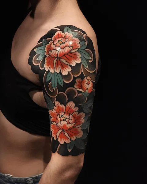 Japanese Peony Half Sleeve done by Lucas Franco Sugiyama at Santuário Art Parlour in Mie, Japan