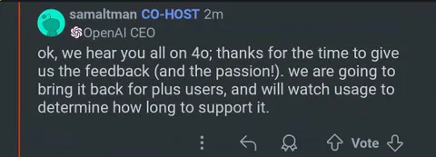 Just posted by Sam regarding 4o