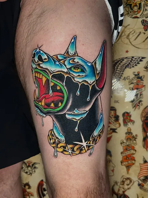 Chrome drip Doberman done by me in Pueblo, Colorado. My instagram is: @joshscharatattoos