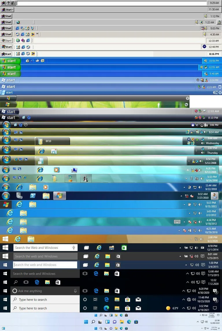 Microsoft Windows taskbars over the years.