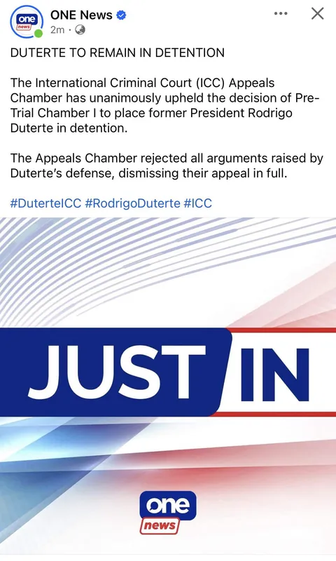 The ICC Appeals Court has rejected ALL arguments raised by Duterte’s defense team and unanimously agreed to place him in detention