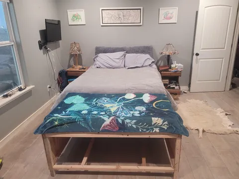 Sheepdog Too Big. Built A Bed To Match Dimensions To Our Queen. Used 100% Recycled Materials. £0 Spent. I Will Build/Install Drawer Tomorrow.