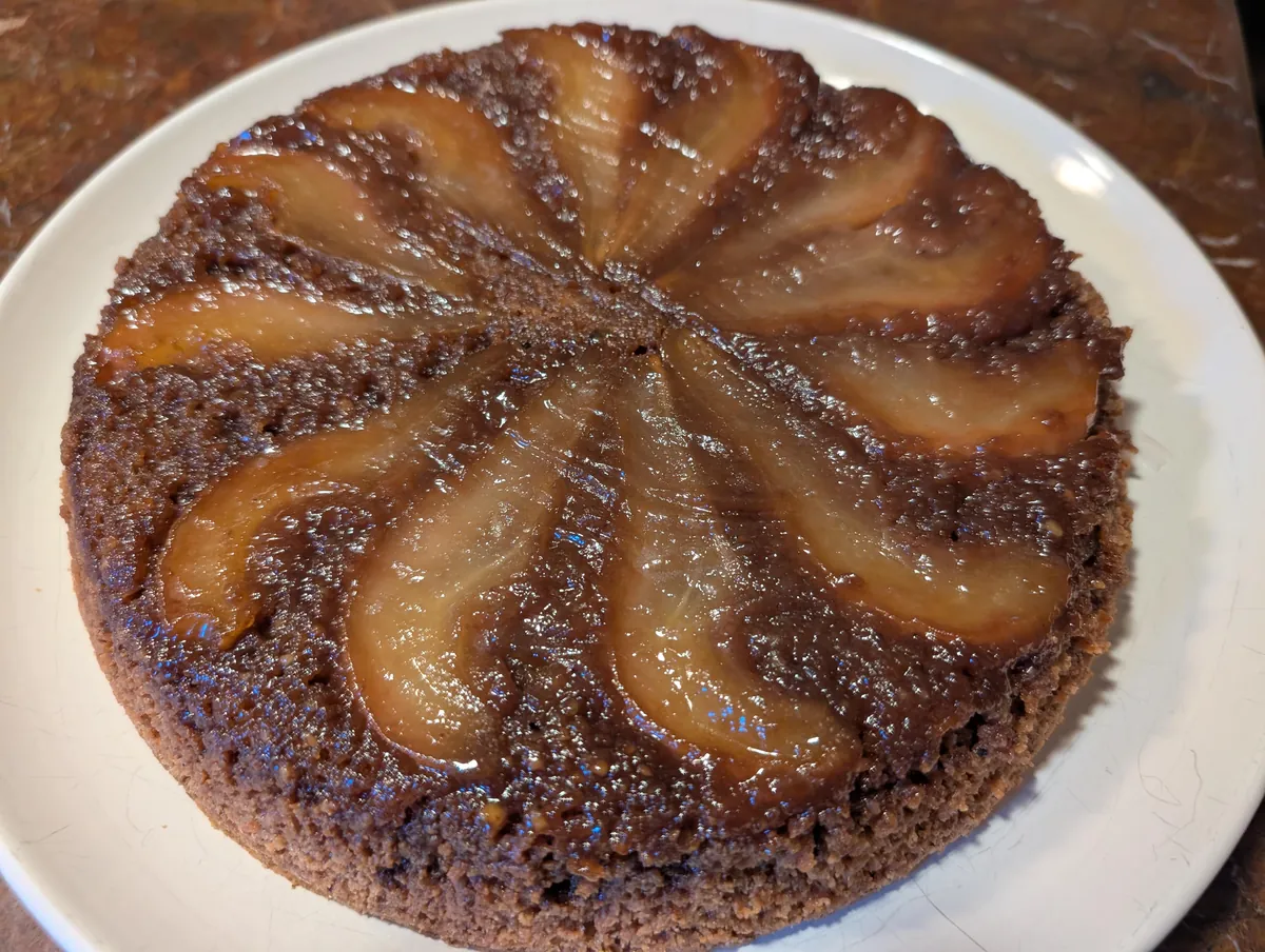 Pear walnut upside-down cake