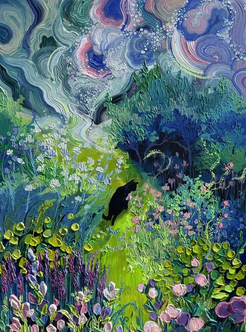 cat in the garden, Anastasia Trusova, acrylic, 2024.