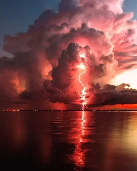 🔥A rare red lightning photographed during a thunderstorm of the coast of Fort Myers, Florida