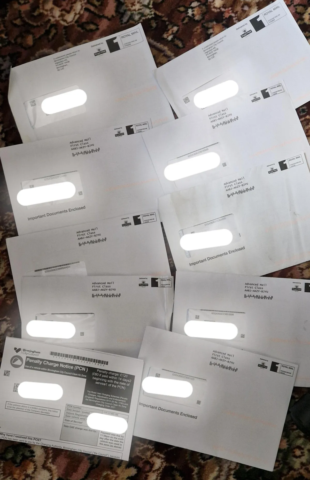 These are all the fines my mum has gotten from driving in the clean air zone and not paying. 