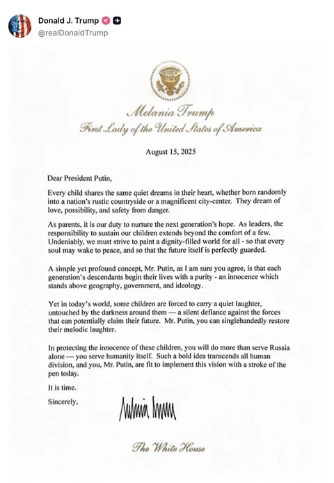 Melania Trump's letter supporting Ukrainian children, delivered by Donald to Putin