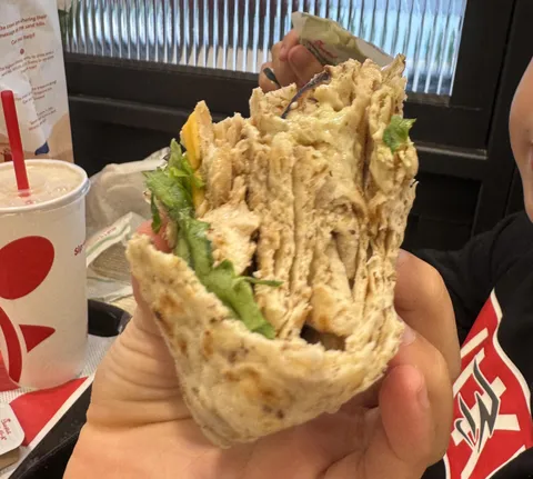 My son’s $9 cool wrap from Chick fil A was all tortilla on the inside.