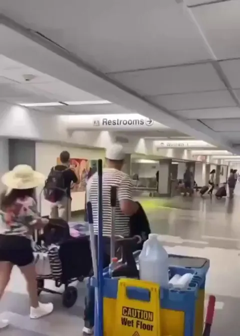 Passengers at Miami International Airport were surprised by a huge leak of a fluorescent green ooze