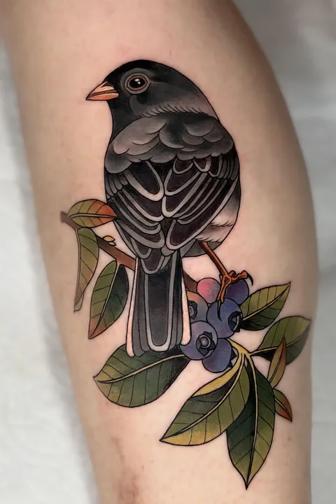 Dark eyed Junco by Savannah Trevino at Wonderland Tattoo in Portland, OR