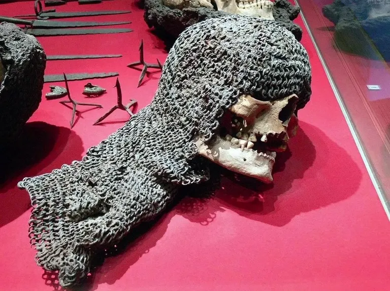A skull still in its chainmail from the Battle of Visby in 1361 during the Danish-Hanseatic war
