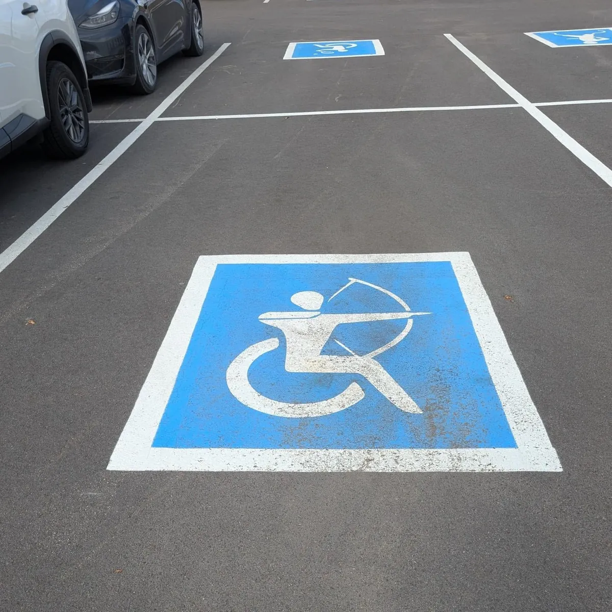 Spotted creative handicap parking signs depicting different parasports outside a sporting goods store
