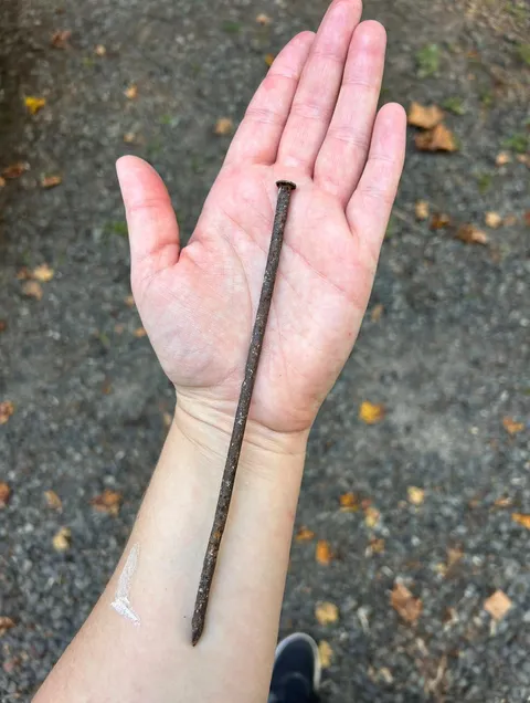 I found this extremely long rusty nail in my gravel driveway