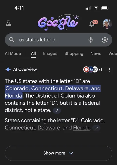 Show me where the “D” is in “Connecticut” Google AI