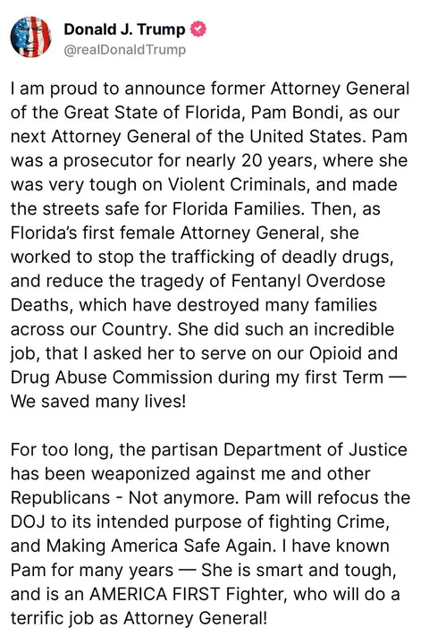 President Trump nominated Pam Bondi as the next Attorney General 