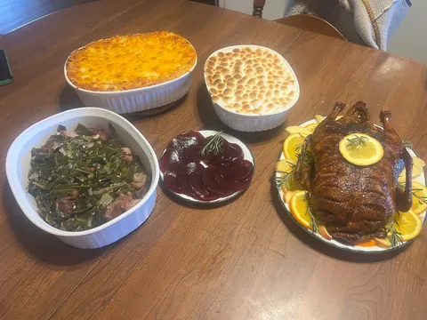 [homemade] Tried my hand at roasted duck for the first time this Thanksgiving.