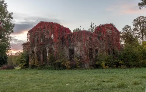 Ruins of an abandoned mansion in Biernacice, Poland.