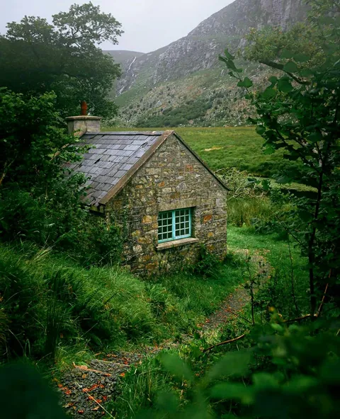 A stone cottage in Glenveagh National Park, County Donegal, Ireland.