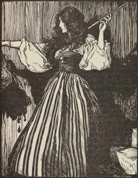 Illustration of a girl in a stripey dress, Arthur Rackham, ink, 1925