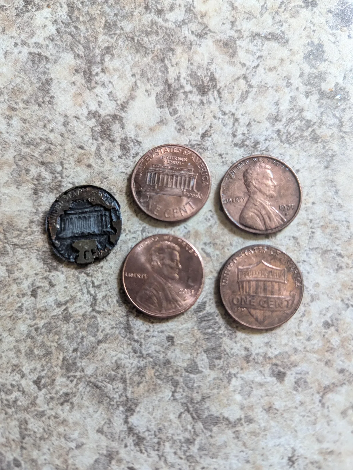 Pennies soaked in salt &amp; vinegar overnight, one is totally dissolving