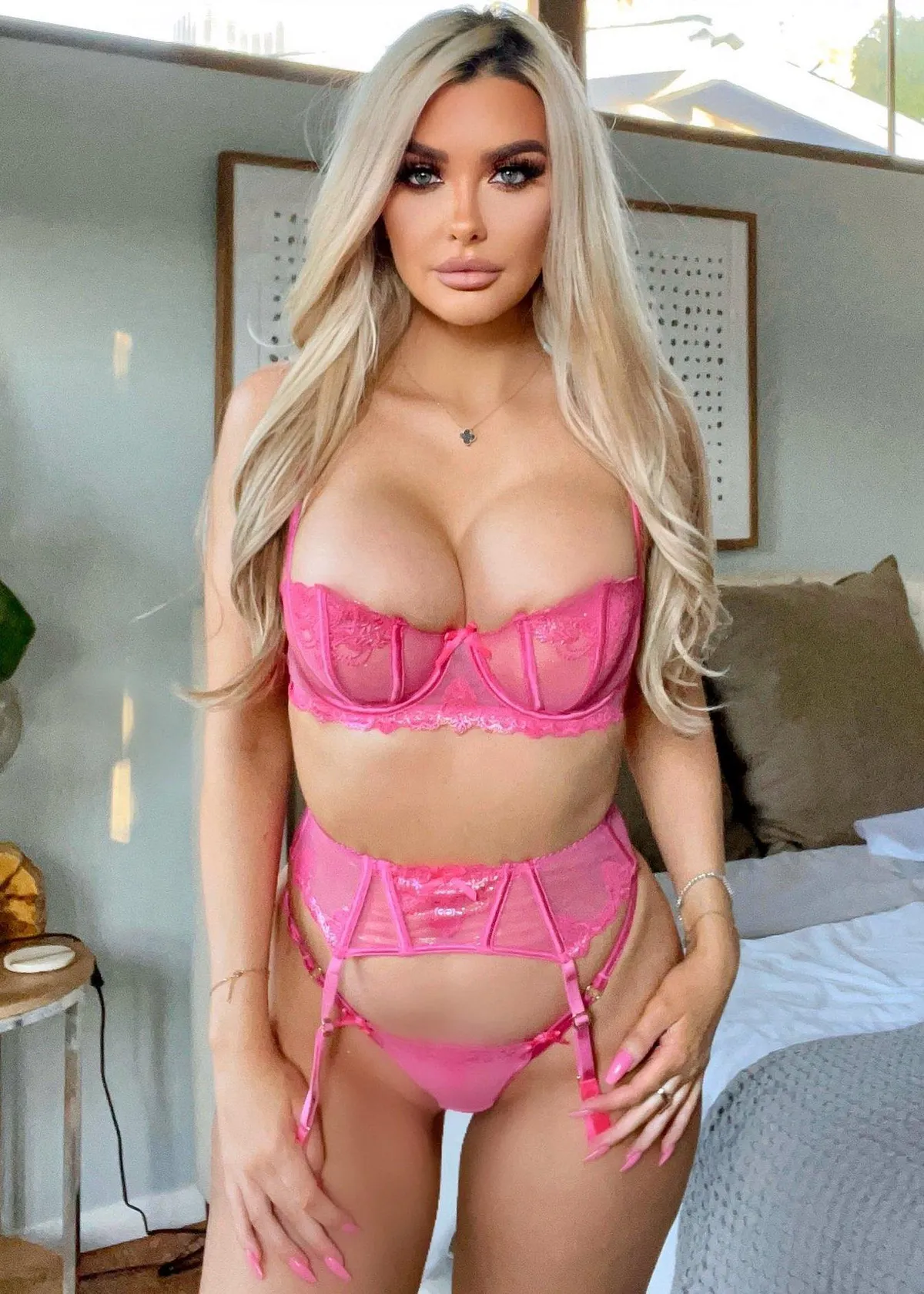 In pink lingerie