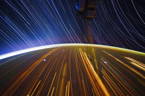 Horizontal star trail from space