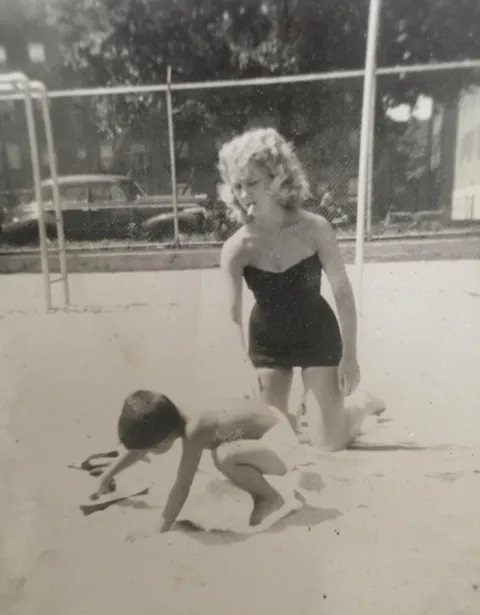 Mom (Estelle) about 15 or so in 1950 Manhattan, babysitting the neighbor’s kid while puffin’ away