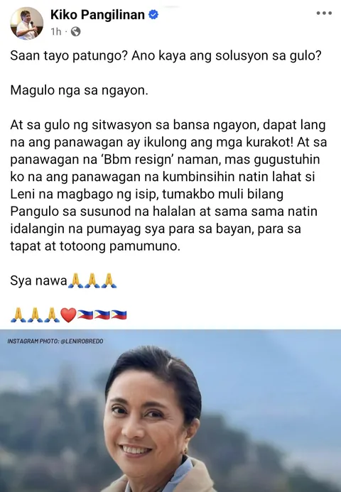 Senator Kiko Pangilinan urges Mayor Leni to change her mind on possible 2028 Presidential run