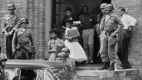 In 1957, President Eisenhower responded to Governor Orval Faubus using his state’s National Guard to block integration, by sending U.S. Army paratroopers to Little Rock Central High School to protect students