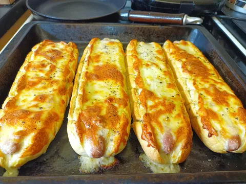 [homemade] cheesy garlic baguette hot dogs 