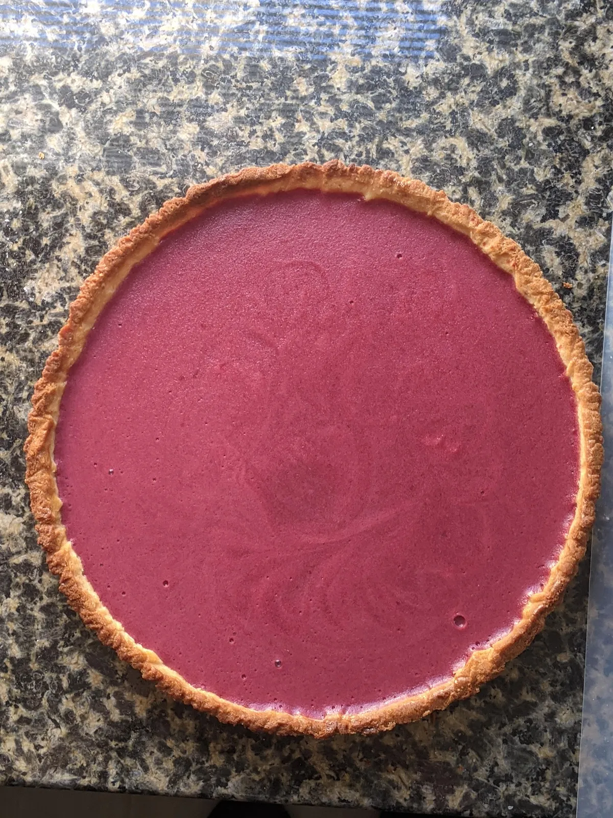 We were watching "The Great British Baking show" and my wife said she wanted to try this, so I attempted to make it. Blackberry Lemon Tart made from scratch . Bottom Layer is a lemon Custord. Top is a Blackberry Curd. With an Almond crust