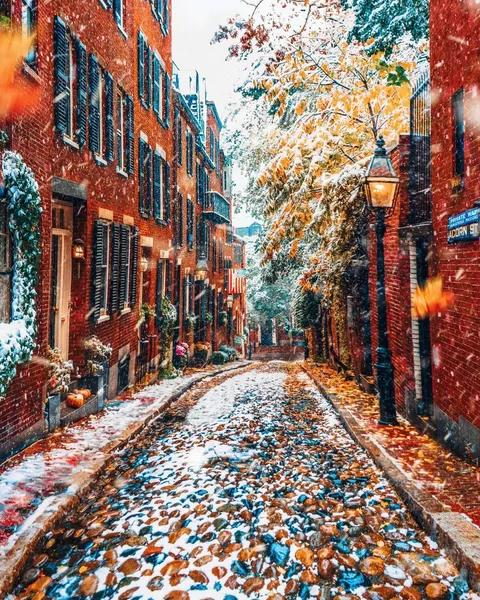 Snowfall on Acorn Street, Boston, MA.